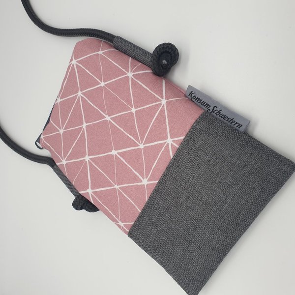 Handytasche zum Umhängen aus Canvas grau und Stoff grafisches Muster rosa
