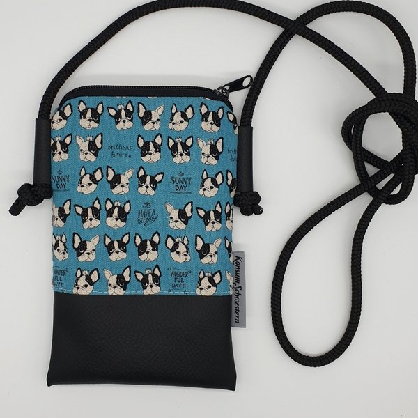 Handytasche zum Umhängen aus Kunstleder schwarz und Stoff Hund Bulldogge Kokka