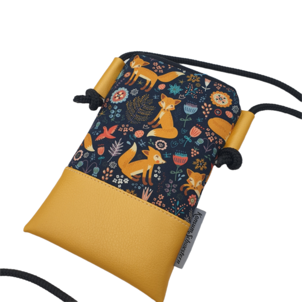 Handytasche zum Umhängen aus Kunstleder gelb und Stoff Folklore Fuchs Kawaii