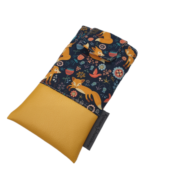 Handytasche aus Kunstleder gelb und Stoff Folklore Fuchs Kawaii mit Klett