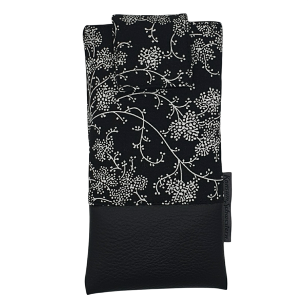 Handytasche aus Kunstleder schwarz und Stoff Zweige auf schwarz mit Klett