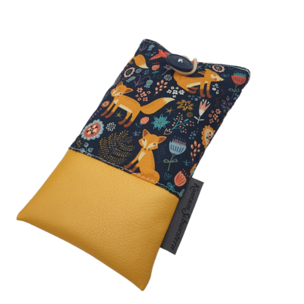 Handytasche aus Kunstleder gelb und Stoff Folklore Fuchs Kawaii mit Knopf