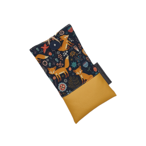 Handytasche aus Kunstleder gelb und Stoff Folklore Fuchs Kawaii mit Knopf