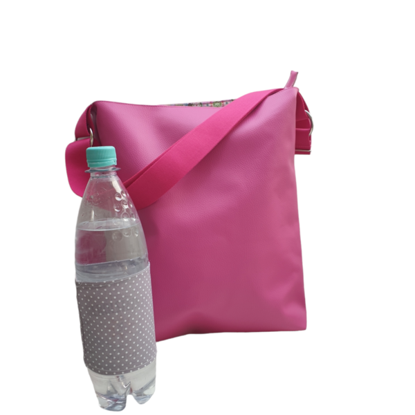 Umhängetasche, Schultertasche, große Handtasche mit verstellbarem Gurt, pink mit bunten Muster innen