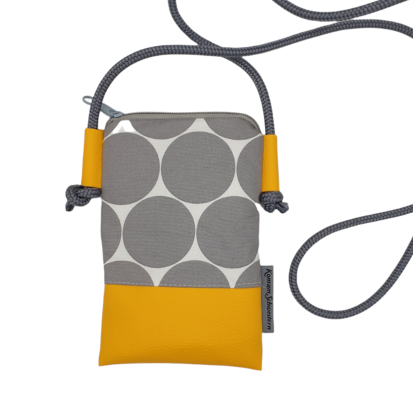 Handytasche zum Umhängen aus Kunstleder gelb  und Stoff Maxi Dots grau