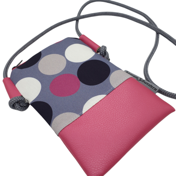 Handytasche zum Umhängen aus Kunstleder pink und Stoff Maxi Dots pink/grau