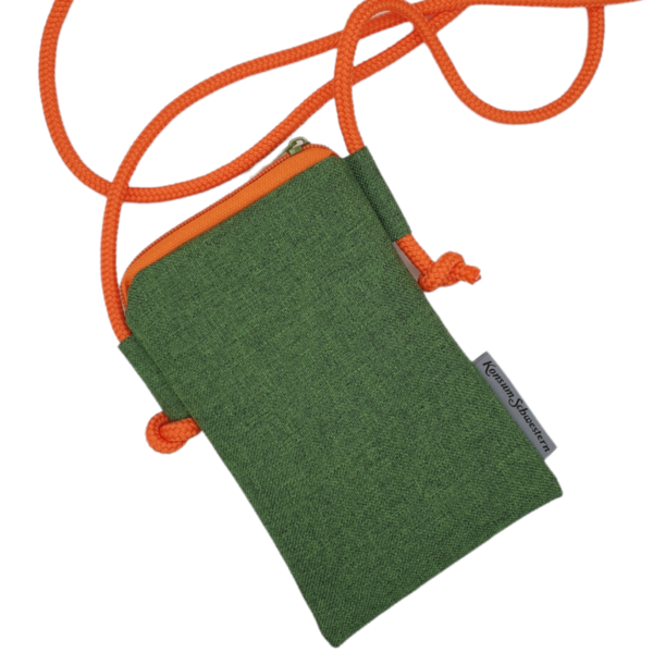 Handytasche zum Umhängen aus Canvas grün mit orange