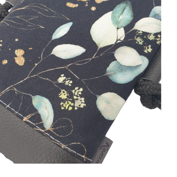 Handytasche zum Umhängen aus Kunstleder schwarz und Stoff Blumen auf schwarz
