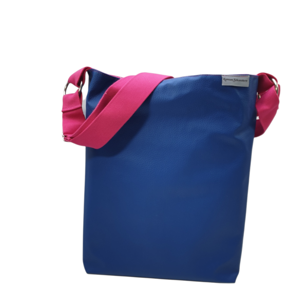 Umhängetasche, Schultertasche, große Handtasche mit verstellbarem Gurt, blau mit pinken Polka Dots